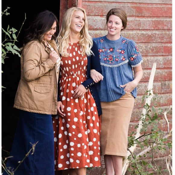 THML Rust Polka Dot Smocked Flutter Sleeve Dress - Picture 14 of 15